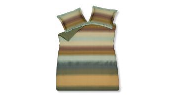 Het Luminous multi dekbedovertrek van Vandyck heeft beige, groen, blauwe en bruine strepen die vloeiend in elkaar overlopen.