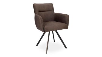 Donkergrijze eetkamerstoel Kells met armleuningen en zwart metalen poten, zijaanzicht