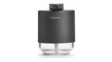  Zwarte Brabantia MindSet zeepdispenser met een modern design en een transparante glazen houder.