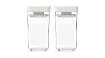 Set van twee transparante Brabantia Tasty+ voorraadbussen van 0,15 liter met witte deksels, perfect voor het organiseren van je keukenvoorraad.