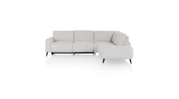 Vooraanzicht van de zitbank Carini in een lichte stof met strakke lijnen en zwarte poten.