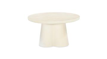 Ronde salontafel Sandy groot, gemaakt van beige gecoat materiaal met een minimalistisch ontwerp.