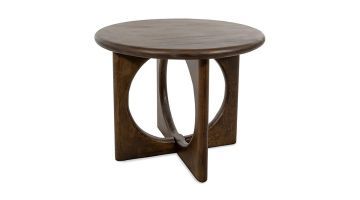 Ronde salontafel Zodiac van donkerbruin mangohout met doorkruisende voet en luchtig ontwerp, voorkantaanzicht.