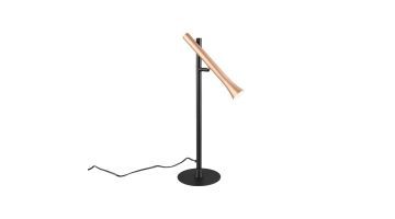 Zwarte tafellamp Fiato met een koperkleurige lampenkap, geplaatst op een minimalistische zwarte voet.