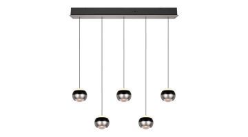 Vijflamps hanglamp Orbit in mat zwart en mat nikkel, met bolvormig design en verstelbare lichtbronnen.