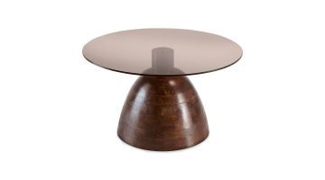 Salontafel Aboni met een massief mangohouten onderstel in walnootkleur en een smoked glazen blad.