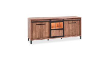 Dressoir Alva in old teak melamine met matzwarte accenten en schuifdeur.