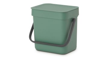 Groen Brabantia Sort & Go afvalemmertje van 3 liter met een stevig hengsel, liggend op een witte achtergrond.