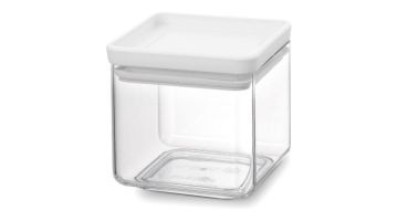 Vierkante kunststof voorraadbus Tasty+ in lichtgrijs van Brabantia, met siliconen afsluitdeksel.