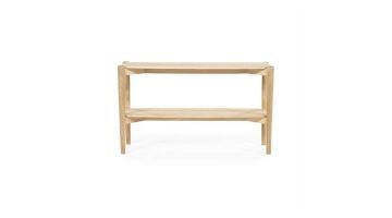 Frontale aanblik van het Eleonora dressoir Selbu, een open kast met twee ruime planken en afgeronde hoeken, gemaakt van naturel hout.