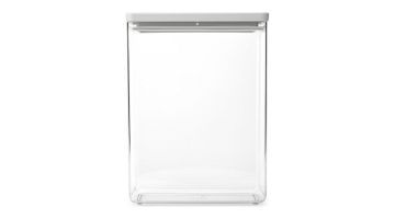 Transparante Brabantia Tasty+ Voorraadbus 5,4 liter met witte deksel, voor opslag in de keuken.