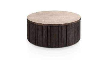 Ronde Henders & Hazel salontafel Rafello 80 cm in basalt met donker houten onderstel en licht travertinlook tafelblad.