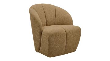 Draaifauteuil Mojo van WOOOD in geel-bruin boucléstof, schuin aanzicht met afgeronde vormgeving.