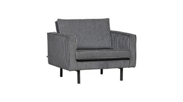 BePureHome Rodeo fauteuil met zwart-grijze streep, vooraanzicht met comfortabele kussens.