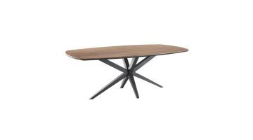 Eettafel Warita van INHOUSE met Deens ovaal blad en zwart metalen matrixpoot, zijaanzicht.