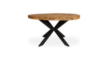 Ronde eettafel Denver met massief mangohouten blad en zwart metalen matrixpoot.
