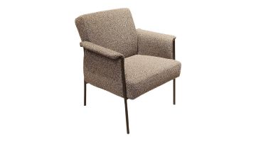 Fauteuil Henlay met gemêleerde bruine bekleding en slank metalen buisframe.