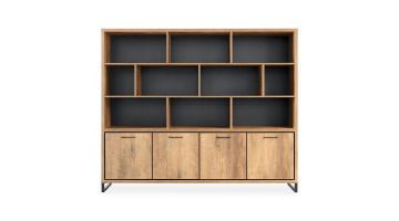 Wandmeubel Imbaro met mango decor, 238 cm breed, met 4 gesloten deuren en 10 open vakken, frontaal weergegeven.