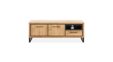 TV-meubel Imbaro van 136 cm breed met mango decor, met twee deuren, één lade en een open vak, modern design met zwart metalen frame.