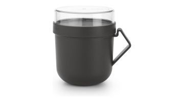 Donkergrijze Brabantia Make & Take soepbeker met transparante deksel en een handige zijhandgreep.