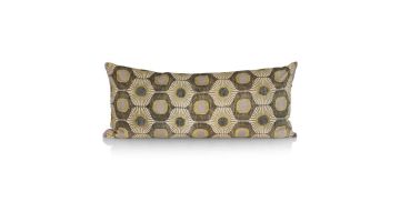 Voorzijde van het Rik kussen van COCOmaison met retro patroon in groen en paarse accenten.