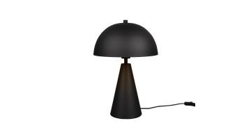 Moderne Alfie tafellamp met een paddenstoelvormige kap, uitgevoerd in matzwart met gerecycled metaal, geaccentueerd op een witte achtergrond.