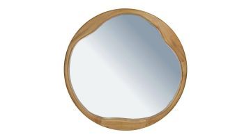 ronde spiegel met een rand van naturel rubberhout, die een warme en natuurlijke uitstraling aan de wand geeft.