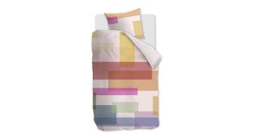 Dekbedovertrek Translucent met kleurrijke transparante blokken op een zachtroze raster.