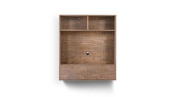 Lege TV-wandkast Hatonia van Inhouse in bruin hout met open vakken en twee lades, recht van voren gefotografeerd.