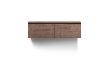 Hangend TV-meubel Lorina van Inhouse, volledig in beeld, met een strak design in donker mangohout, zonder decoratie, en met 2 deuren zonder greepjes.