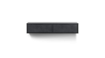 Vooraanzicht van zwevend tv-meubel Verdio in zwart, met een strak en minimalistisch design.