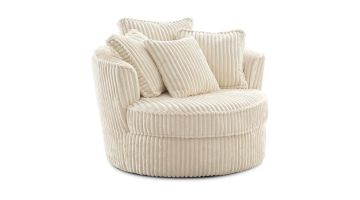 Draaifauteuil Luciria van IN.HOUSE in beige ribstof, met ronde vorm en drie zachte sierkussens, zijaanzicht.