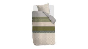 Dekbedovertrek Aster in serene groen- en natureltinten met klassieke strepen en grafische patronen, zijaanzicht enkel dekbed.