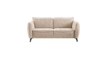 Vooraanzicht van de 2-zitsbank Salanti van IN.HOUSE in lichtbruin bouclé met metalen poten.