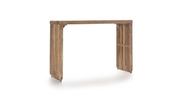 Natuurlijke wandtafel Lino van COCO Maison, volledig zichtbaar met een open ontwerp en houten spijlen in een naturel afwerking.