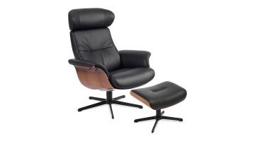 Relaxfauteuil met hocker in zwart leer en houten afwerking, voorzien van een actiebutton.