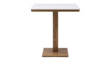 Bistrotafel Amalfi met een wit marmeren blad en een donkerbruin gelakt eikenhouten onderstel.