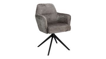 Eetkamerstoel Balestro van Pronto Wonen in grijze stof, met slank metalen frame en comfortabele armleuningen, vooraanzicht.