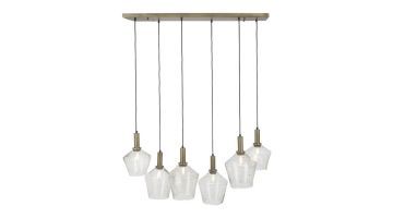 Amy hanglamp van COCOmaison met zes lichtpunten, een gouden armatuur en unieke burned ash glazen kappen.