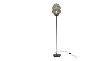 Vloerlamp met een rookglas kap in de vorm van een honinglepel op een slanke zwarte metalen voet, inclusief snoerschakelaar.
