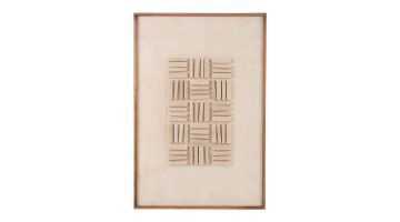 Wanddecoratie John in wit met een houten lijst en abstract 3D-patroon van latjes.