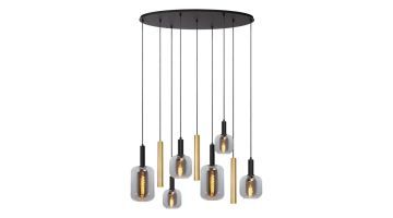 Hanglamp Lucide Joanet Tube met zeven lichtpunten van glas en messing, hangend aan een zwarte plafondplaat.