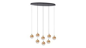 Lucide Premium Hanglamp Gisela Amber met acht amberkleurige glazen bollen aan een zwarte plafondplaat.