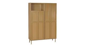 Wandkast Ottawa van New Routz in mustard geel, met een speelse indeling van open en gesloten vakken op slanke poten.