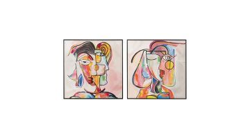 Set van twee wanddecoraties met abstracte gezichten in levendige kleuren, omlijst in een zwart houten frame.