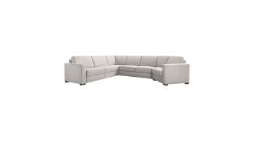 Grote, grijze hoekbank Muscolo met een ruime opstelling, strakke lijnen en comfortabele zitkussens.