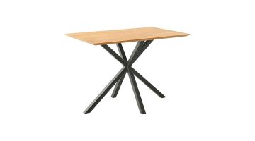 Bartafel Aska van Pronto Wonen heeft een teakhouten rechthoekig blad en een zwart metalen spinpoot.