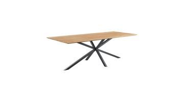 Eettafel Romaro van Pronto Wonen – rechthoekige teak tafel met een robuust houten blad en een metalen spinpoot in zwart.