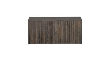 Vooraanzicht kistbank – Een rechthoekige houten kistbank met een donkere houtstructuur en verticale latten op de deuren.