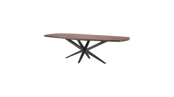 Eettafel Mascaro in volledig beeld – Deens ovale uitschuifbare eettafel met een donker houten blad en een zwarte metalen sterpoot.